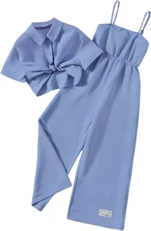 OYOANGLE Girl's 2 Piece Outfits Textured Long Pants Jumpsuit and Short Sleeve Button Down Shirt Set