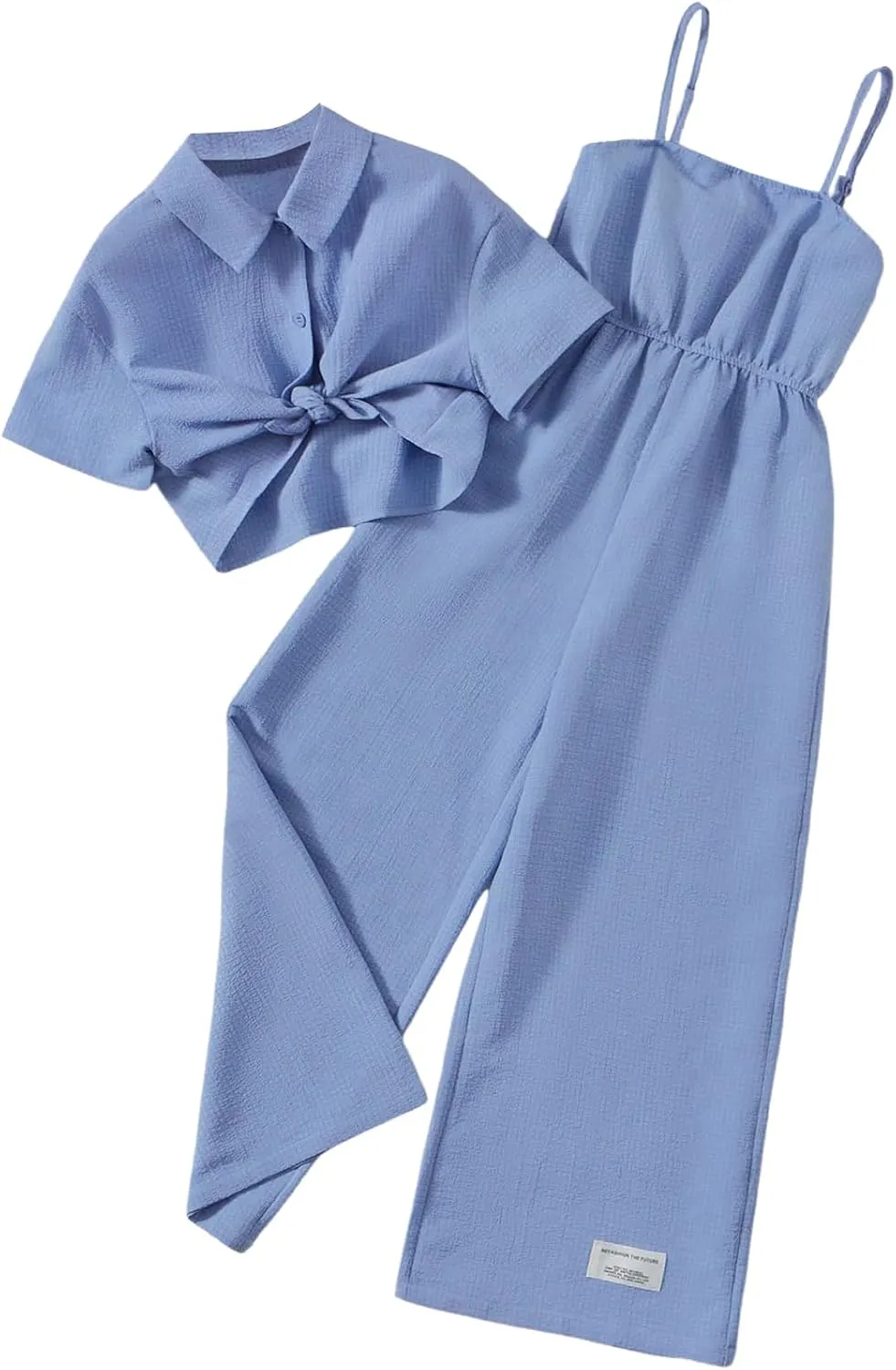 OYOANGLE Girl's 2 Piece Outfits Textured Long Pants Jumpsuit and Short Sleeve Button Down Shirt Set