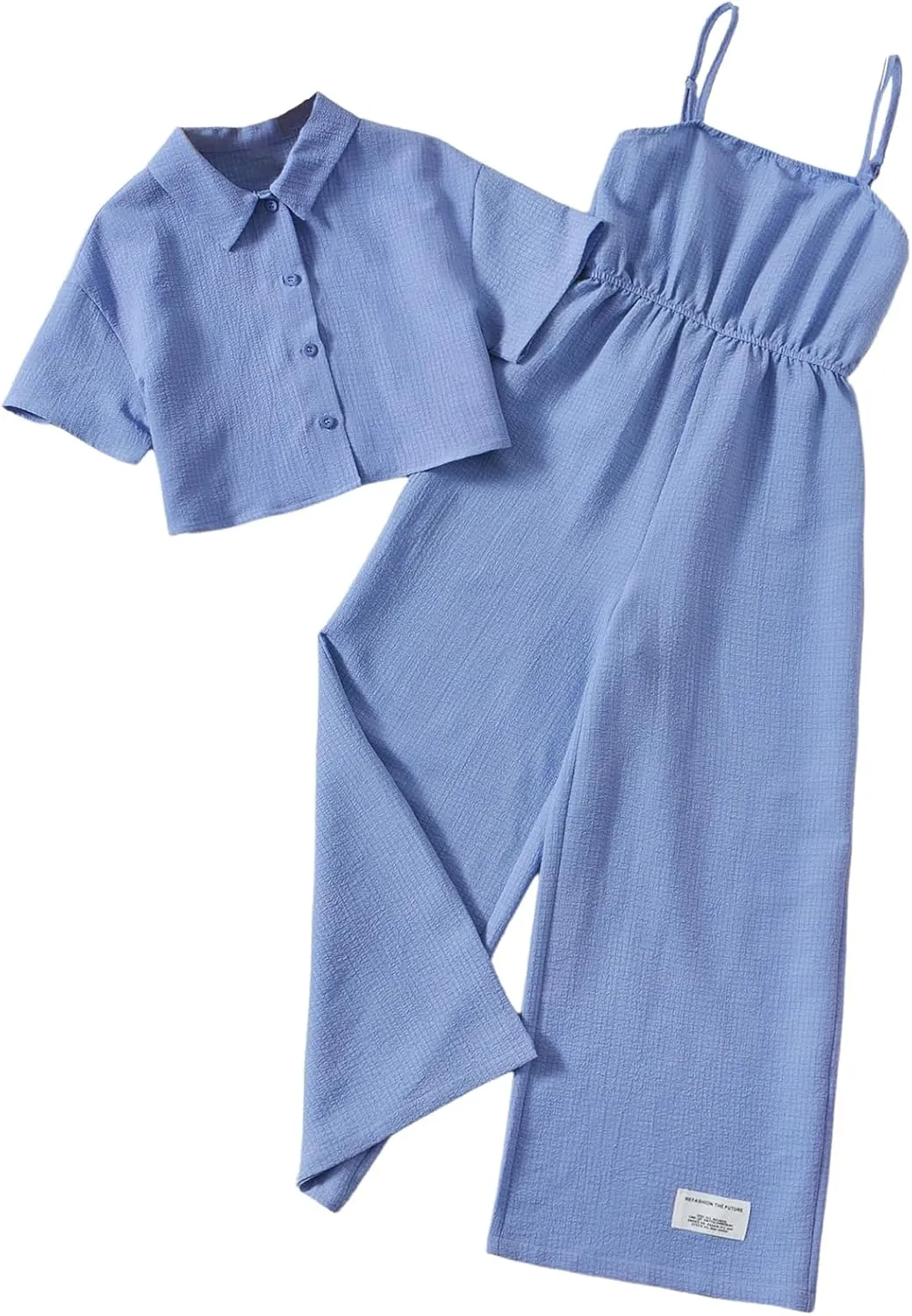 OYOANGLE Girl's 2 Piece Outfits Textured Long Pants Jumpsuit and Short Sleeve Button Down Shirt Set