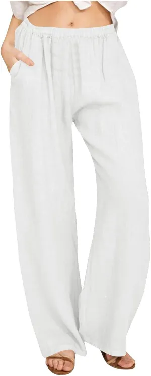 Palazzo Pants for Women Dressy Casual Loose Fit Linen Pants Summer Beach Outfits High Waisted Baggy Trousers
