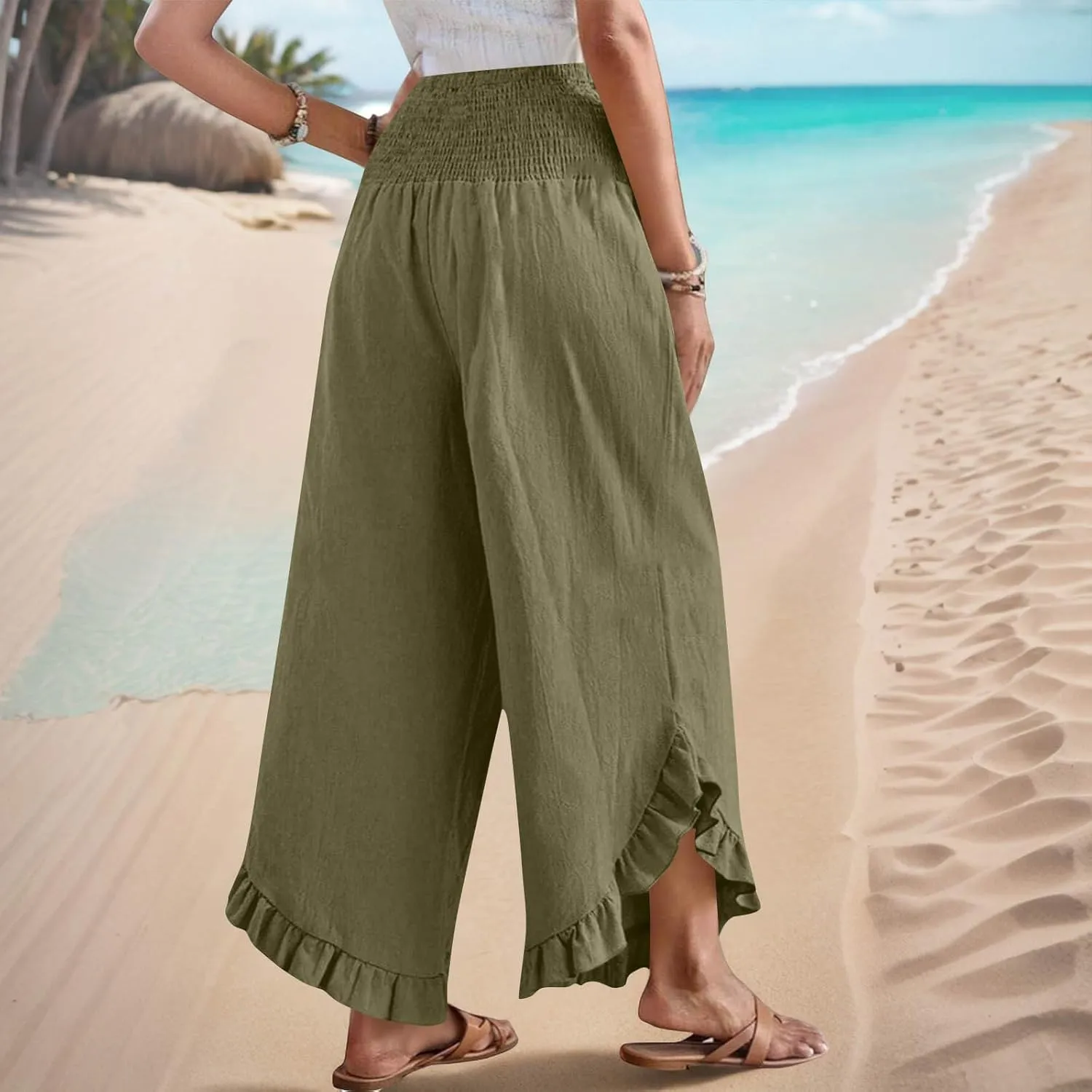 Palazzo Pants for Women Summer Linen Smocked Waist Wide Leg Pant Boho Flowy Ruffle Hem Casual Beach Vacation Trousers