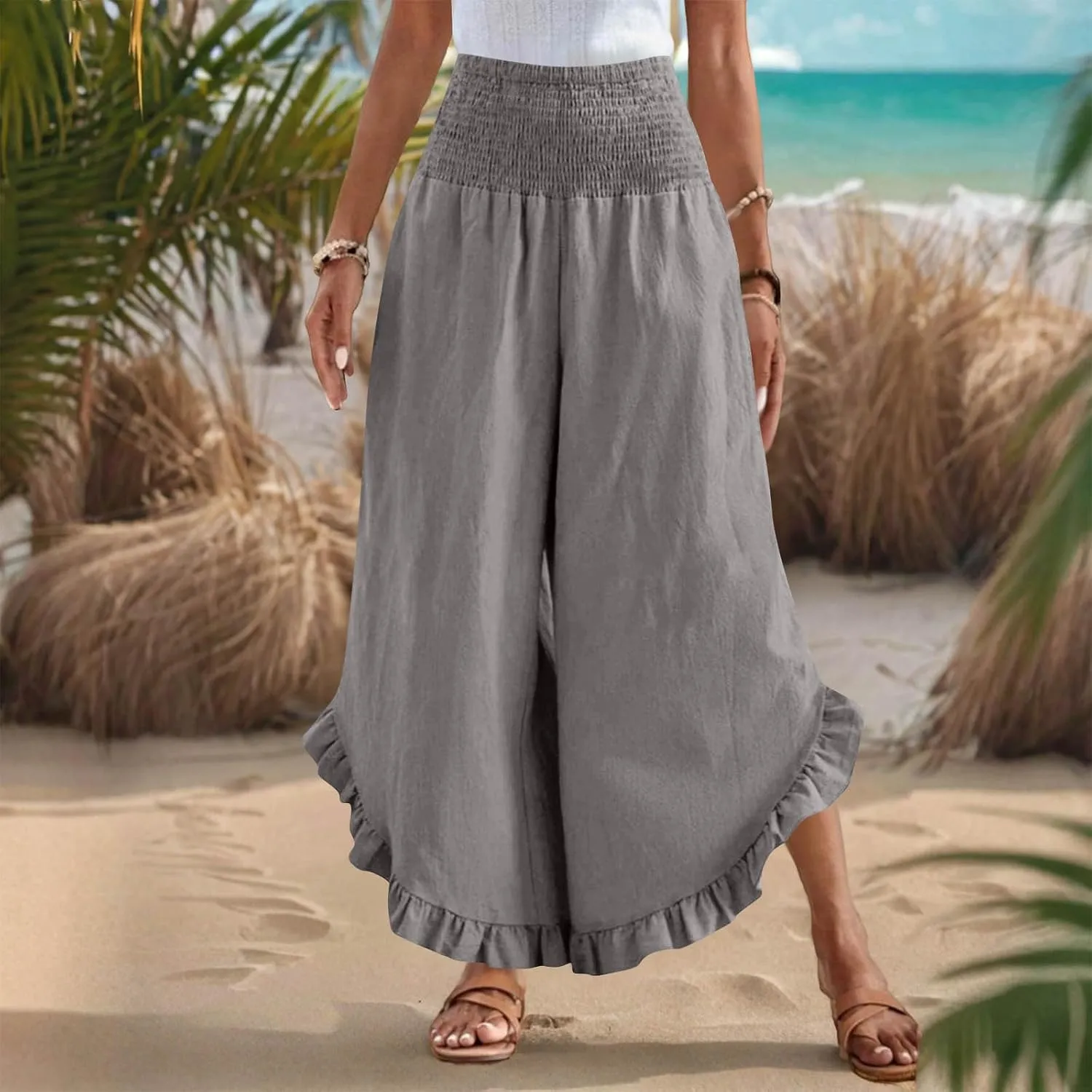 Palazzo Pants for Women Summer Linen Smocked Waist Wide Leg Pant Boho Flowy Ruffle Hem Casual Beach Vacation Trousers