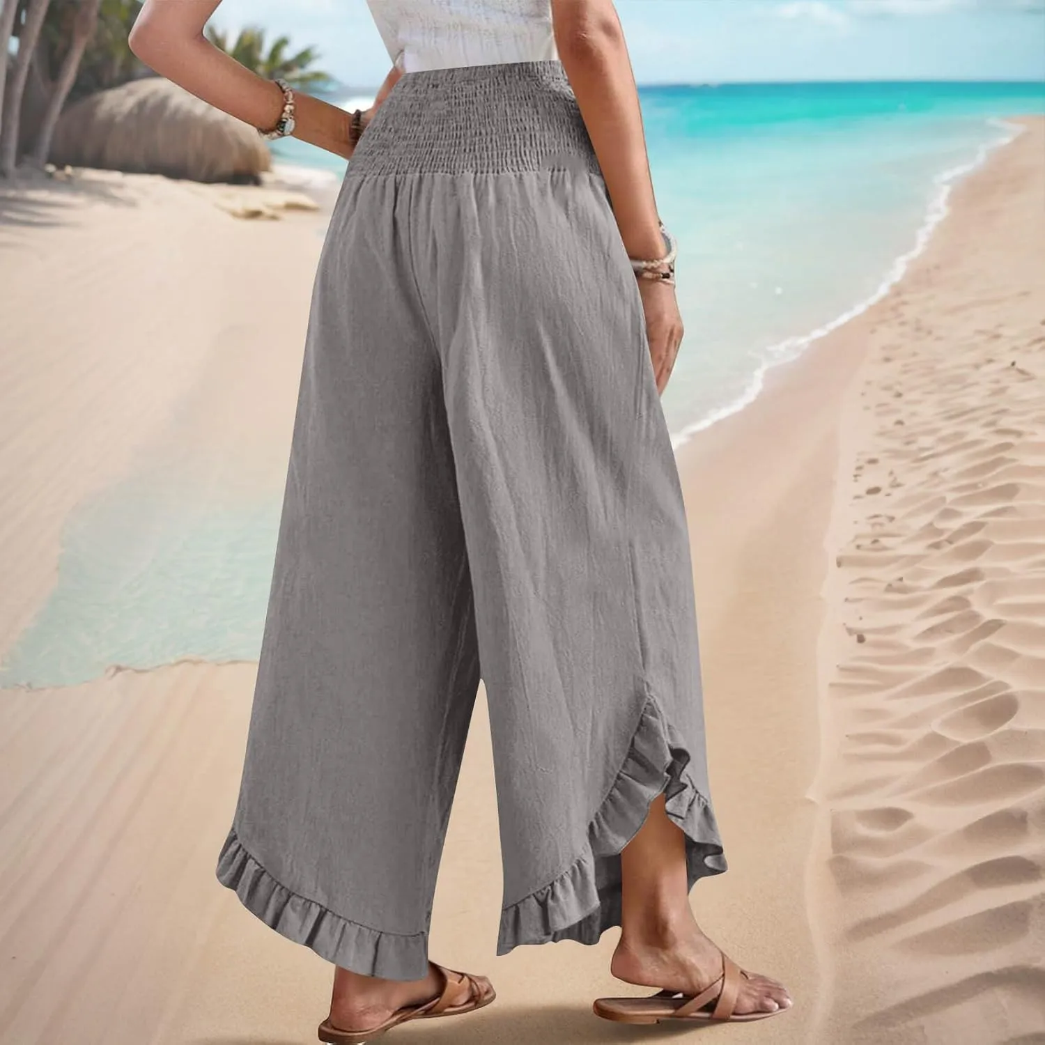 Palazzo Pants for Women Summer Linen Smocked Waist Wide Leg Pant Boho Flowy Ruffle Hem Casual Beach Vacation Trousers