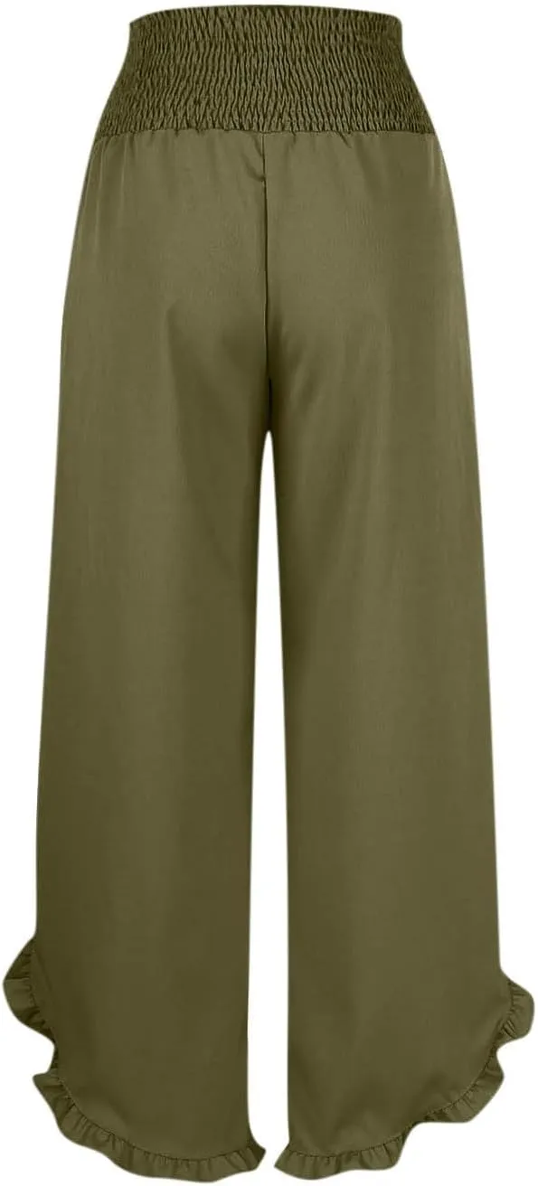 Palazzo Pants for Women Summer Linen Smocked Waist Wide Leg Pant Boho Flowy Ruffle Hem Casual Beach Vacation Trousers