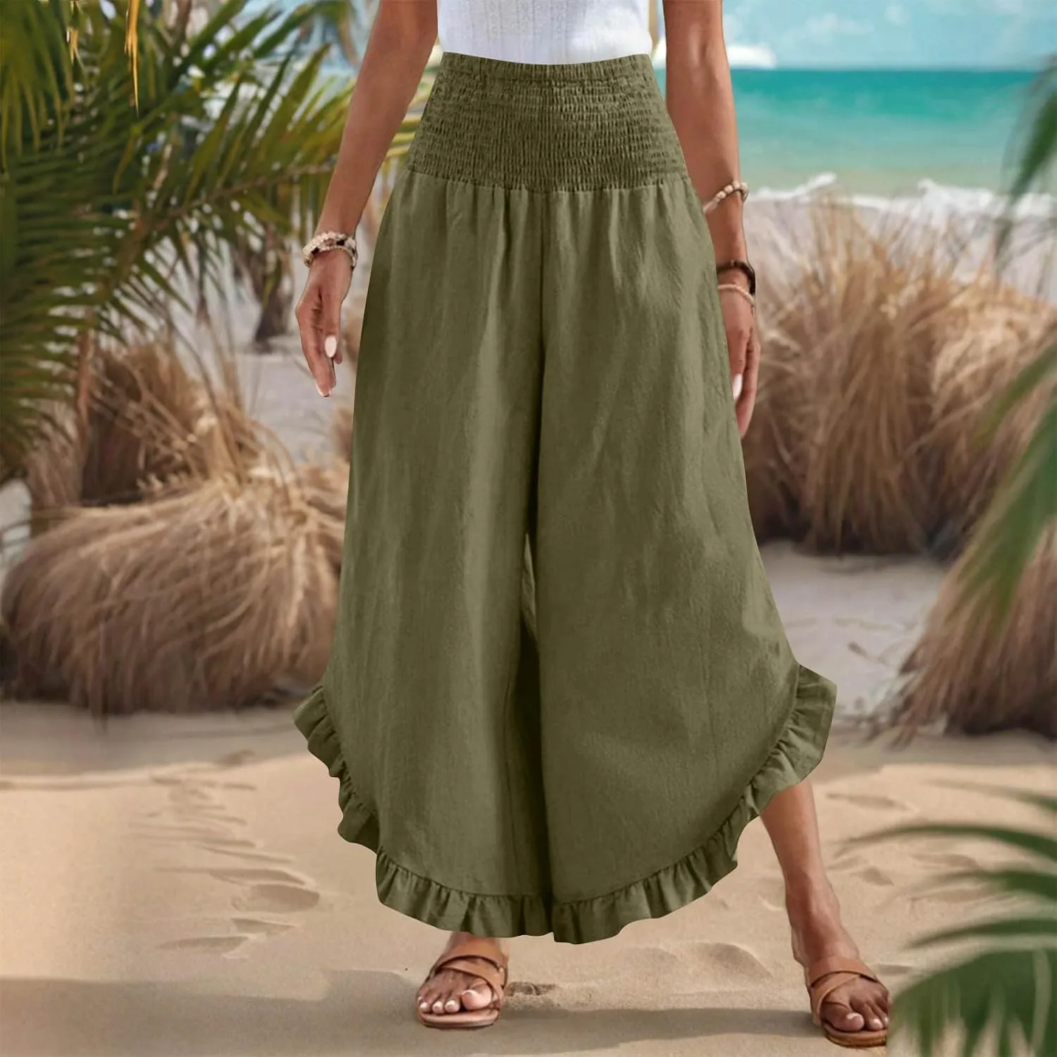 Palazzo Pants for Women Summer Linen Smocked Waist Wide Leg Pant Boho Flowy Ruffle Hem Casual Beach Vacation Trousers