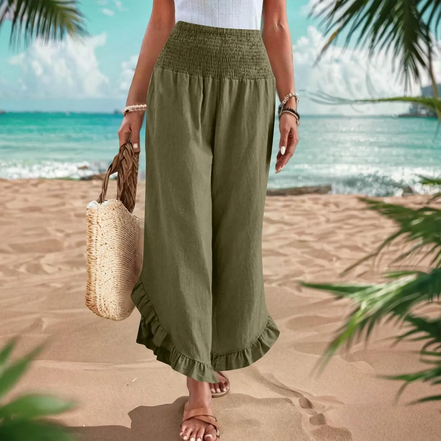 Palazzo Pants for Women Summer Linen Smocked Waist Wide Leg Pant Boho Flowy Ruffle Hem Casual Beach Vacation Trousers