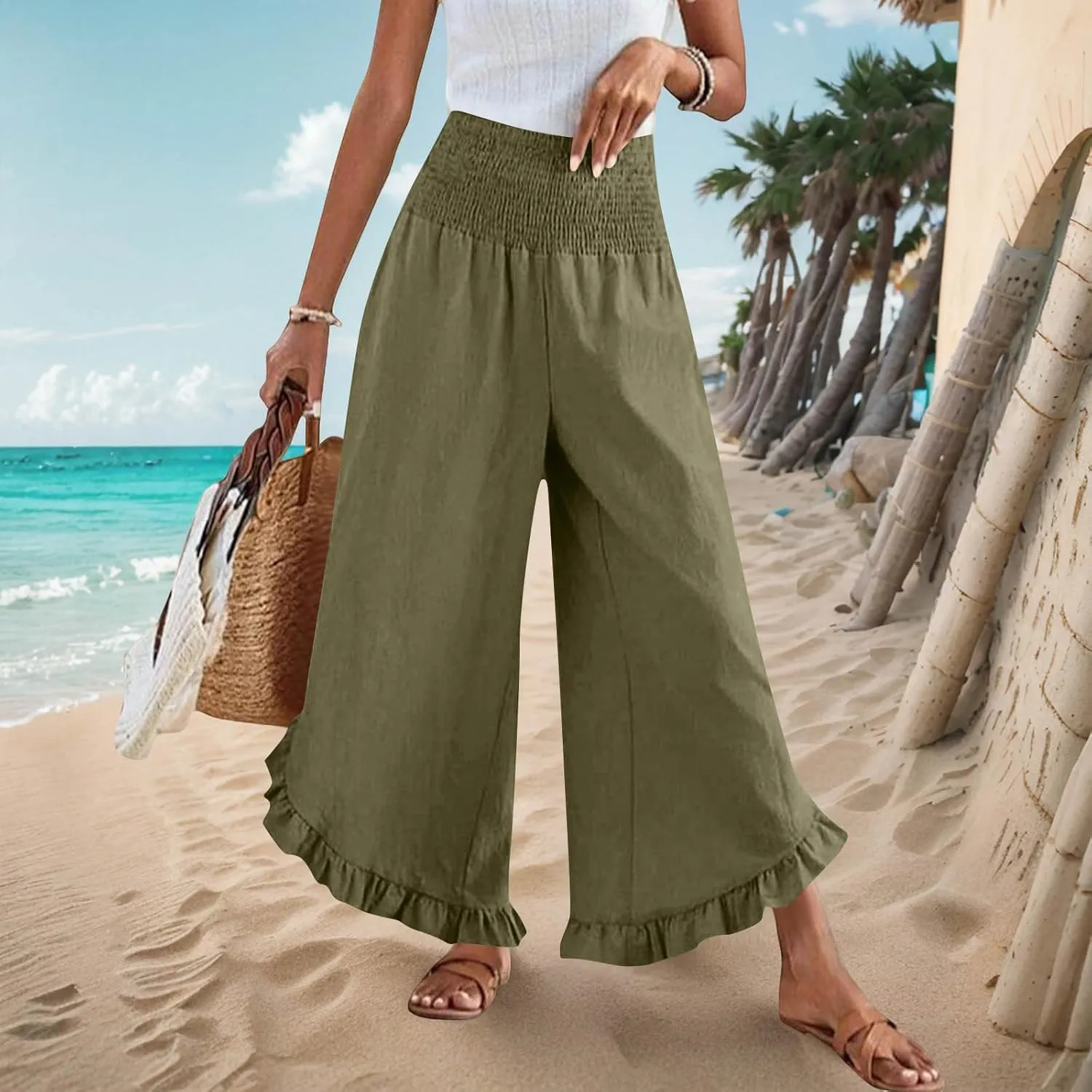 Palazzo Pants for Women Summer Linen Smocked Waist Wide Leg Pant Boho Flowy Ruffle Hem Casual Beach Vacation Trousers