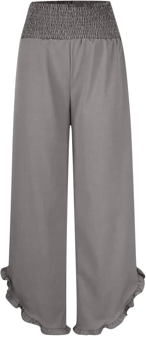 Palazzo Pants for Women Summer Linen Smocked Waist Wide Leg Pant Boho Flowy Ruffle Hem Casual Beach Vacation Trousers