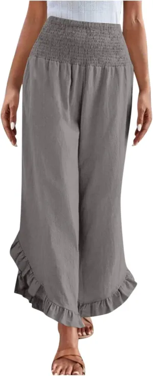 Palazzo Pants for Women Summer Linen Smocked Waist Wide Leg Pant Boho Flowy Ruffle Hem Casual Beach Vacation Trousers