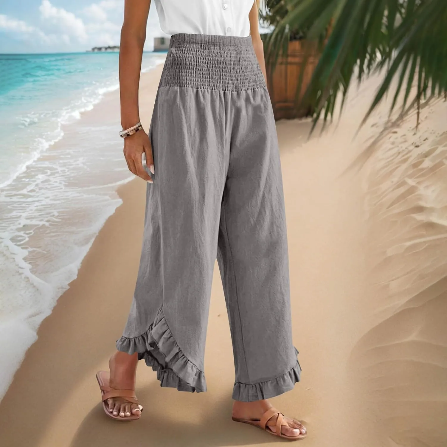 Palazzo Pants for Women Summer Linen Smocked Waist Wide Leg Pant Boho Flowy Ruffle Hem Casual Beach Vacation Trousers
