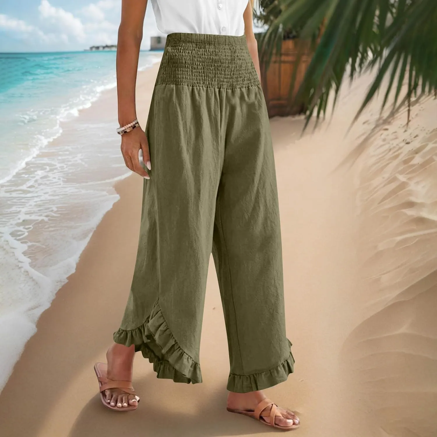 Palazzo Pants for Women Summer Linen Smocked Waist Wide Leg Pant Boho Flowy Ruffle Hem Casual Beach Vacation Trousers