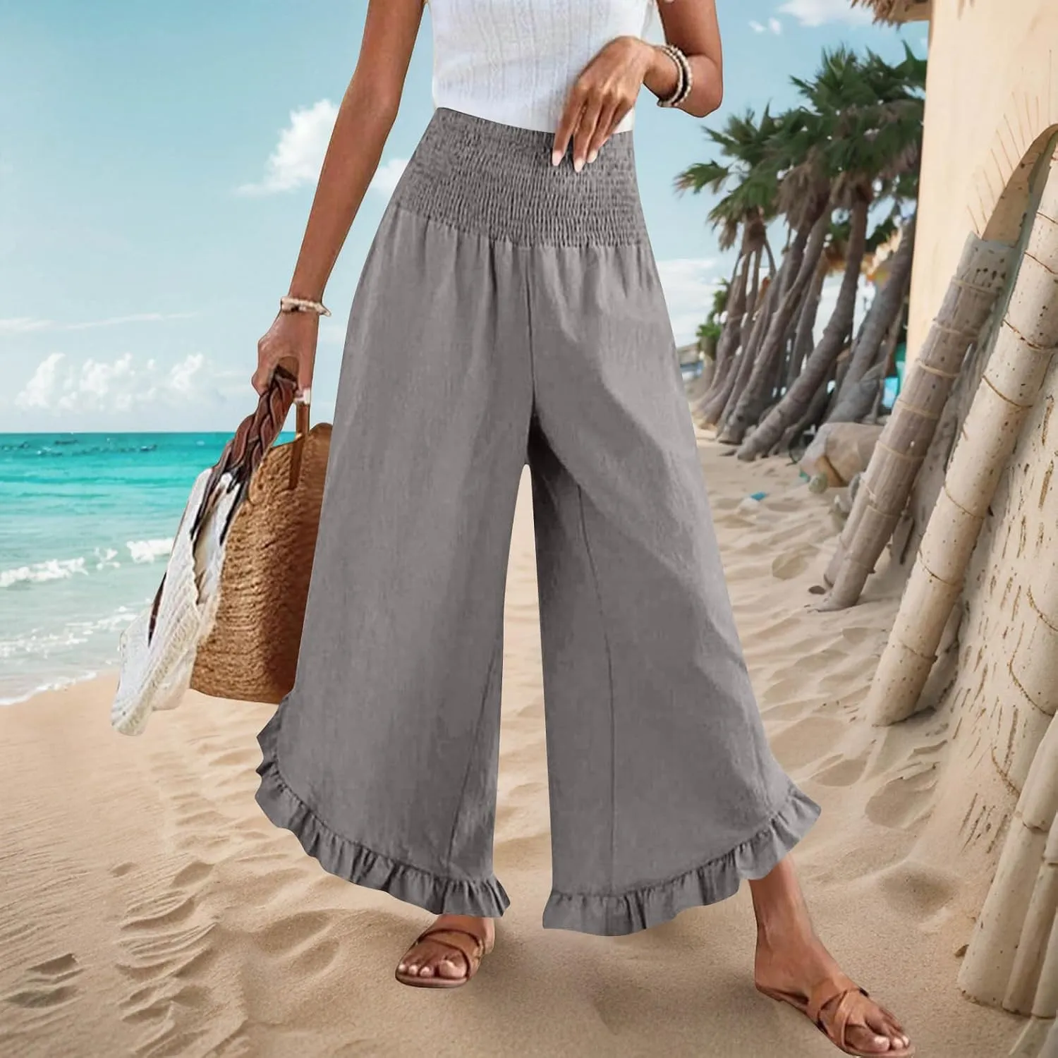 Palazzo Pants for Women Summer Linen Smocked Waist Wide Leg Pant Boho Flowy Ruffle Hem Casual Beach Vacation Trousers