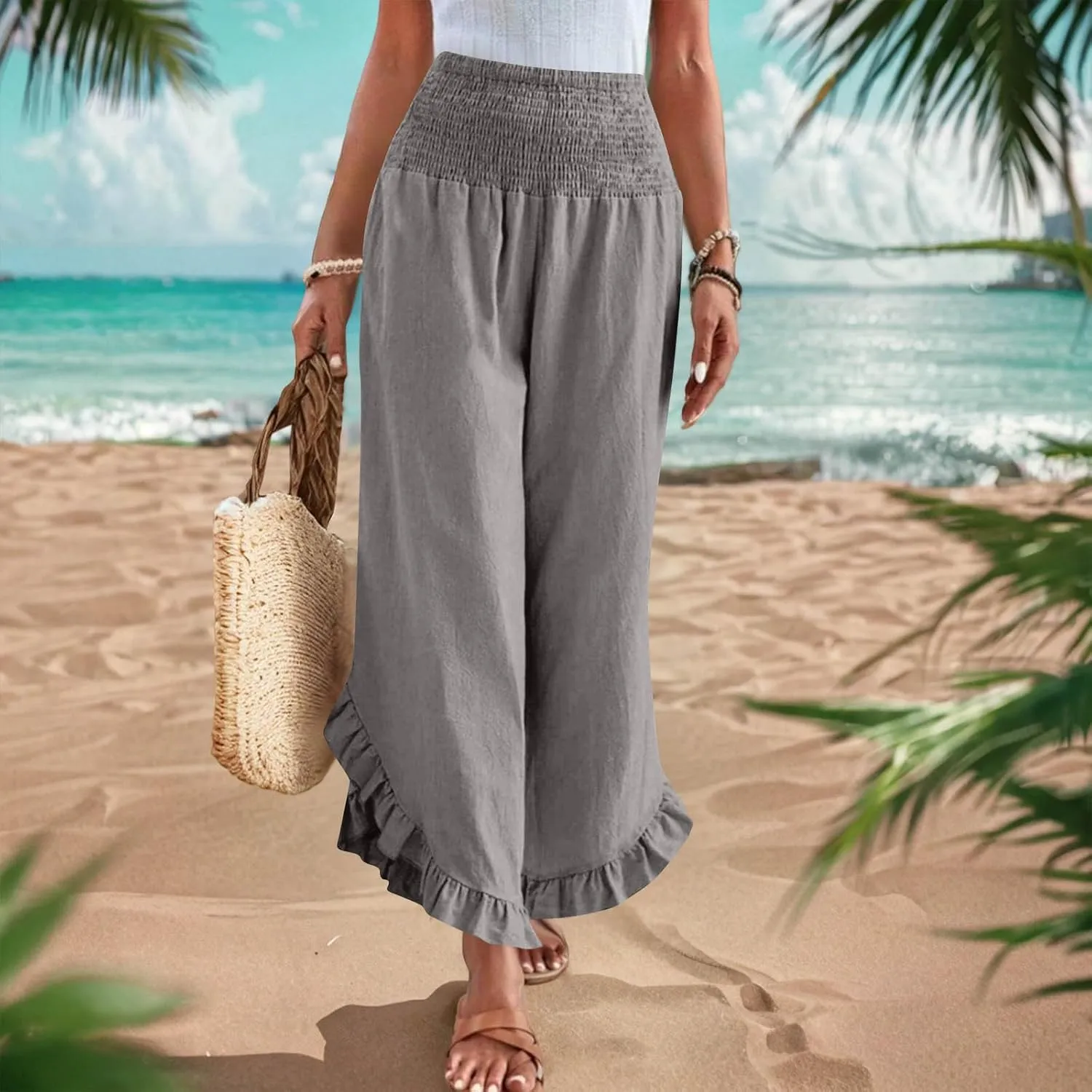 Palazzo Pants for Women Summer Linen Smocked Waist Wide Leg Pant Boho Flowy Ruffle Hem Casual Beach Vacation Trousers