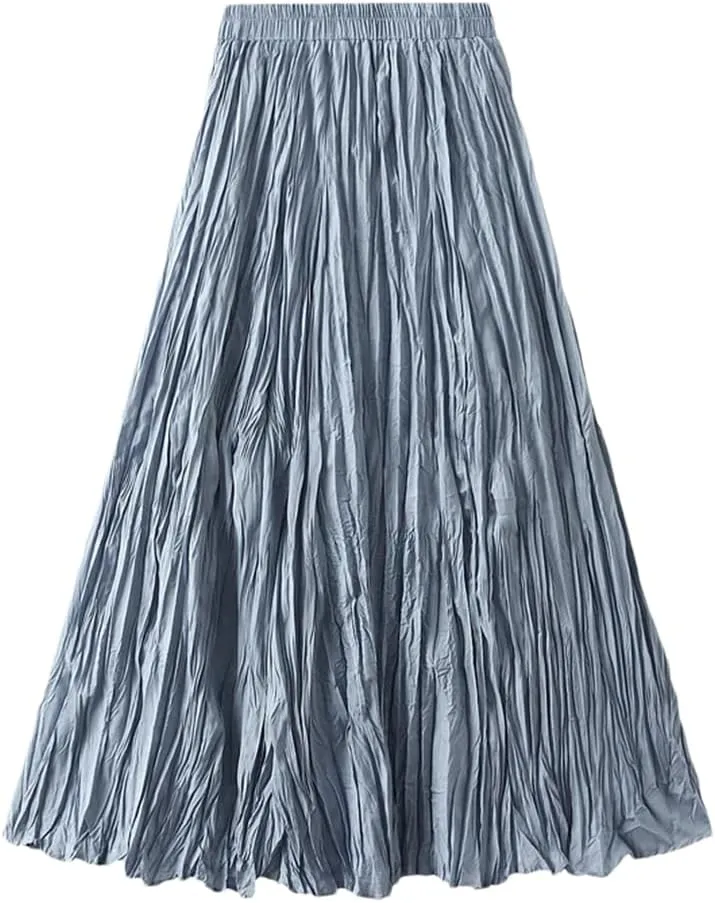 Pleated A-Line Midi Skirts for Women Solid Vintage Harajuku Loose Casual Long Skirts