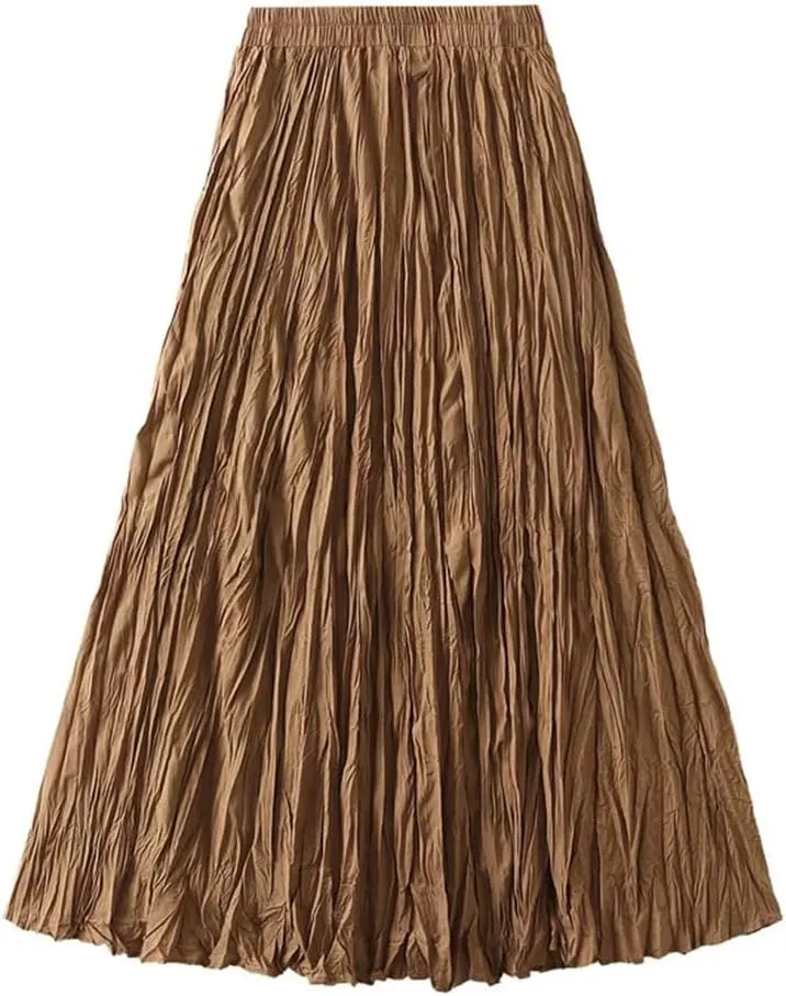 Pleated A-Line Midi Skirts for Women Solid Vintage Harajuku Loose Casual Long Skirts