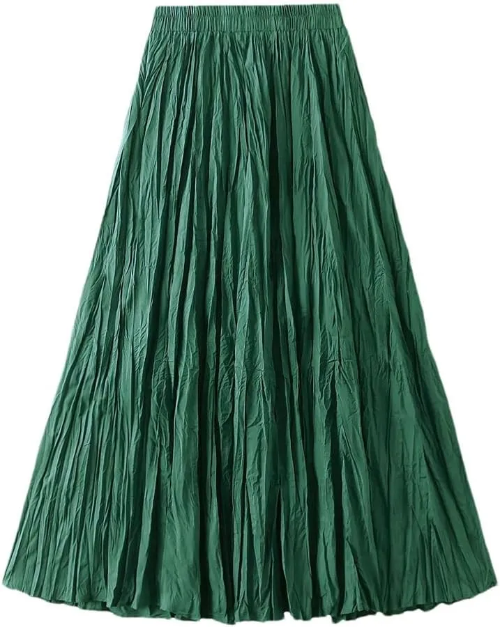 Pleated A-Line Midi Skirts for Women Solid Vintage Harajuku Loose Casual Long Skirts