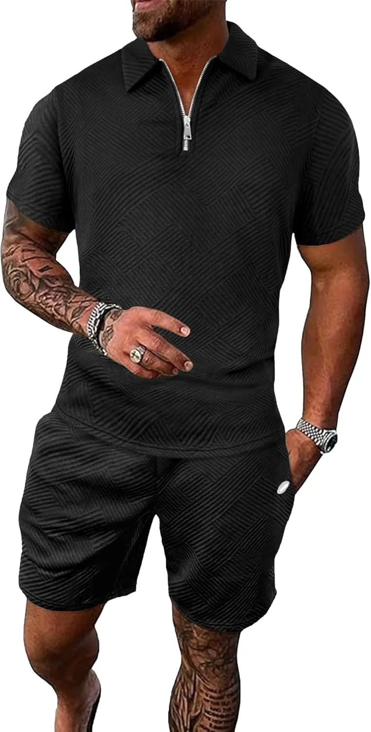 PLEPAN Mens Polo Shirt and Shorts Set Fashion Casual Track Suits 2 Piece Sets Short Sleeve Sweatsuit Outfits Golf Polo Shirts