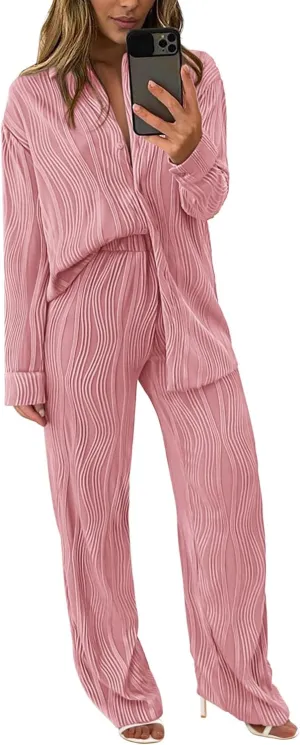 PRETTYGARDEN Women's 2 Piece Textured Sets Casual Button Down Shirt Wide Leg Pants Outfit Loungewear Tracksuit