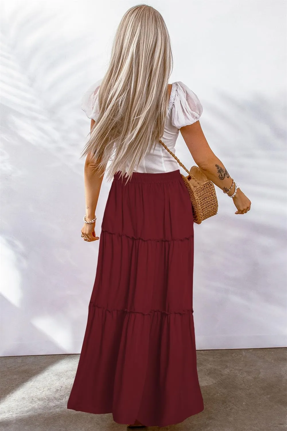 QACOHU Womens Casual Elastic High Waist Lace up Tiered Paisley Long Skirt with Pockets