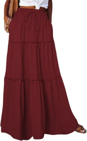 QACOHU Womens Casual Elastic High Waist Lace up Tiered Paisley Long Skirt with Pockets