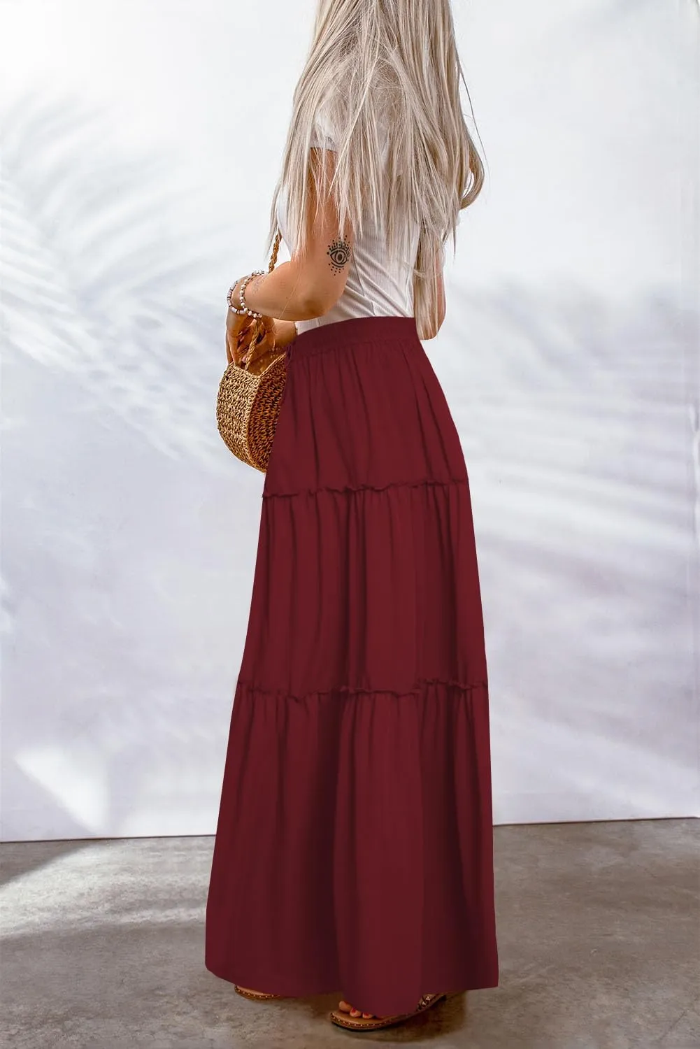 QACOHU Womens Casual Elastic High Waist Lace up Tiered Paisley Long Skirt with Pockets