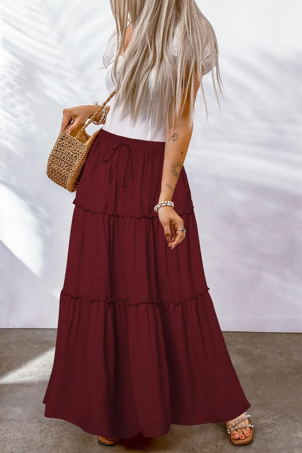 QACOHU Womens Casual Elastic High Waist Lace up Tiered Paisley Long Skirt with Pockets