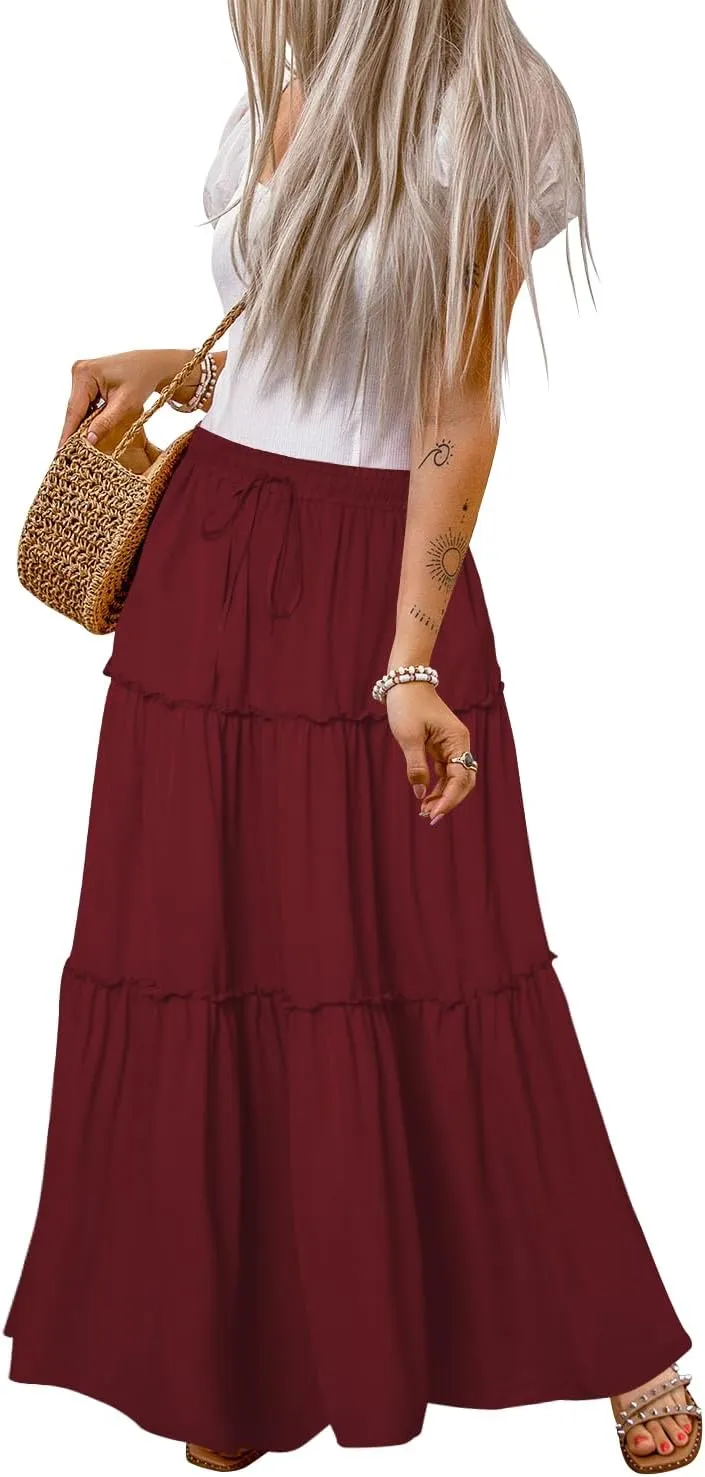 QACOHU Womens Casual Elastic High Waist Lace up Tiered Paisley Long Skirt with Pockets