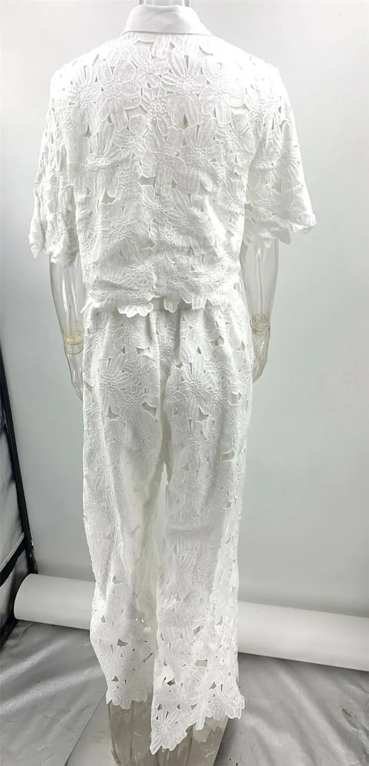 Qikaka Women's 2 PCS Lace Embroidered Blouse Shirts Tops Bodycon Pants Sexy Nightclub Party Tracksuit Outfits Set