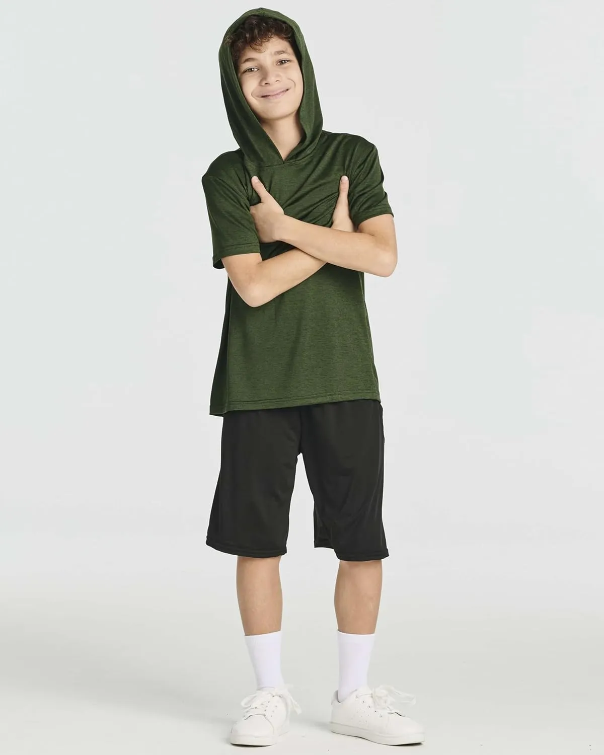 Real Essentials 3 Pack: Boys Dry-Fit Youth Teen Active Athletic Short Sleeve Workout Hoodie - Hooded Pullover Shirts