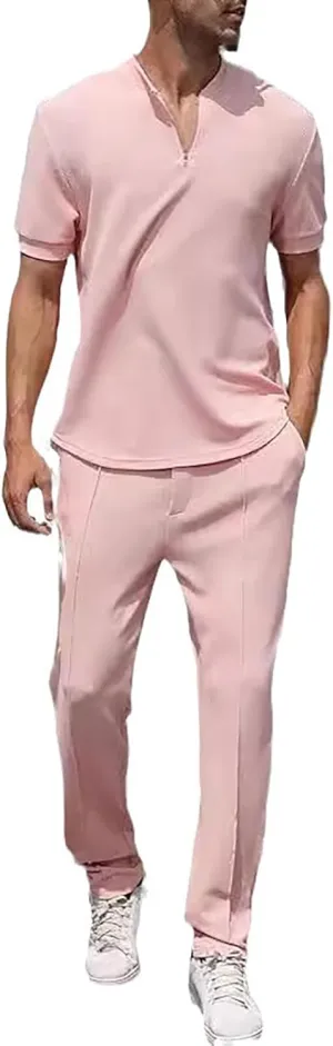 Resort Wear Linen Sets for Men Short Sleeve Quarter Zip Casual Shirts and Drawstrings Long Pants Baggy Beach Yoga Outfits