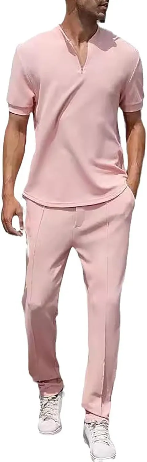Resort Wear Linen Sets for Men Short Sleeve Quarter Zip Casual Shirts and Drawstrings Long Pants Baggy Beach Yoga Outfits