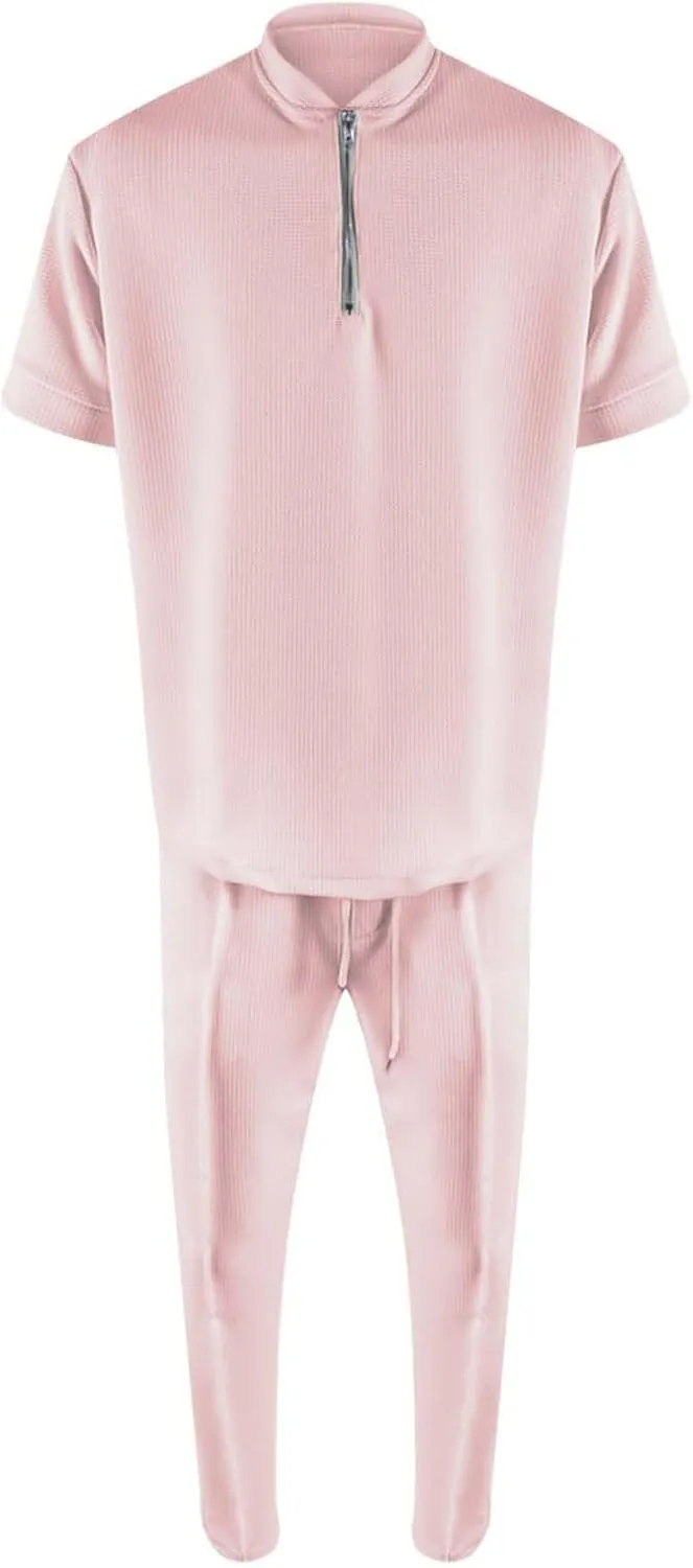 Resort Wear Linen Sets for Men Short Sleeve Quarter Zip Casual Shirts and Drawstrings Long Pants Baggy Beach Yoga Outfits