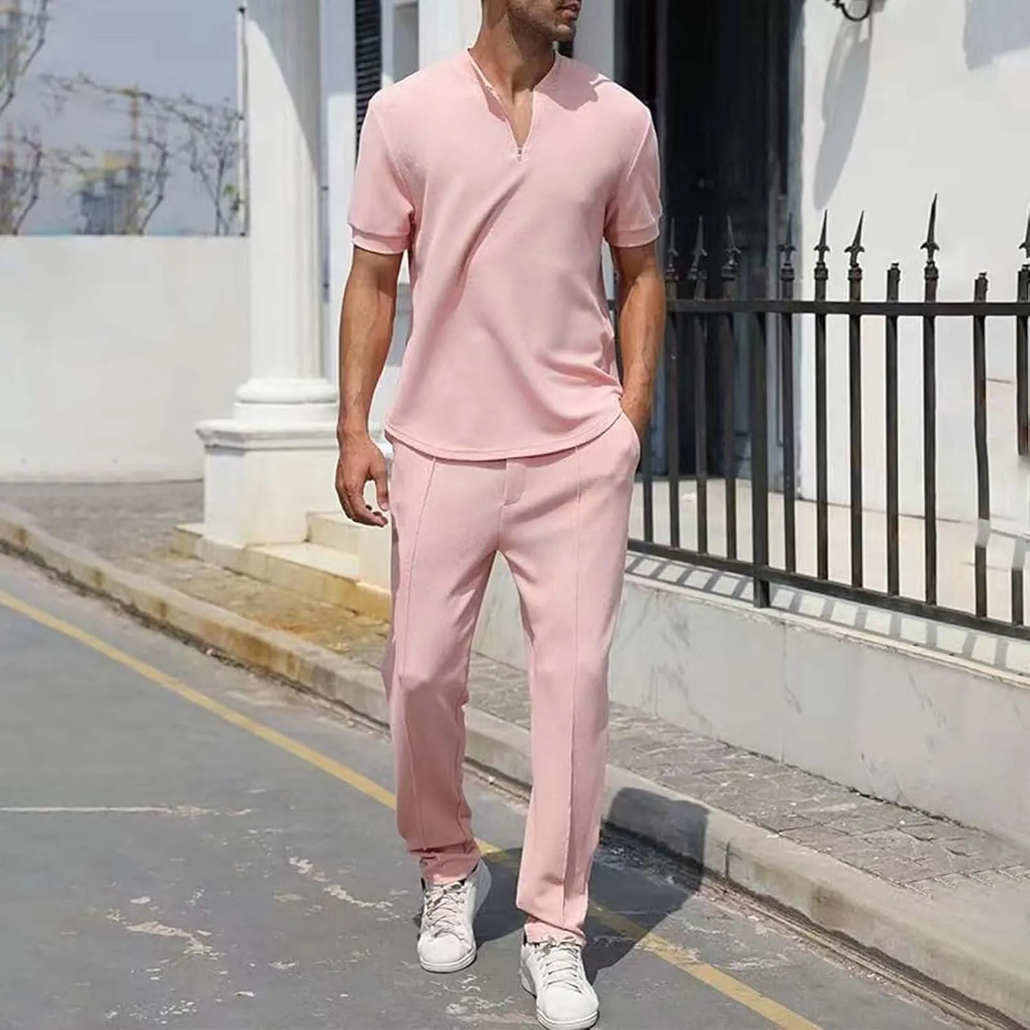 Resort Wear Linen Sets for Men Short Sleeve Quarter Zip Casual Shirts and Drawstrings Long Pants Baggy Beach Yoga Outfits
