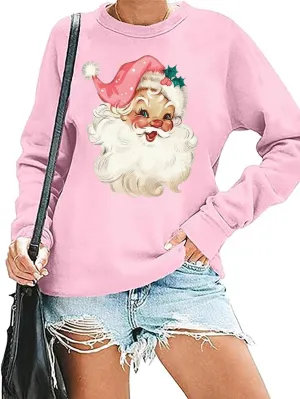 RFBIQI Pink Santa Christmas Sweatshirt for Women Retro Santa Claus Graphic Shirts Funny Xmas Gift Top Casual Holiday Pullover