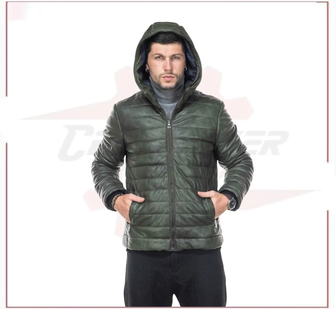 Rio - Men's Down Jacket in Genuine Green Leather