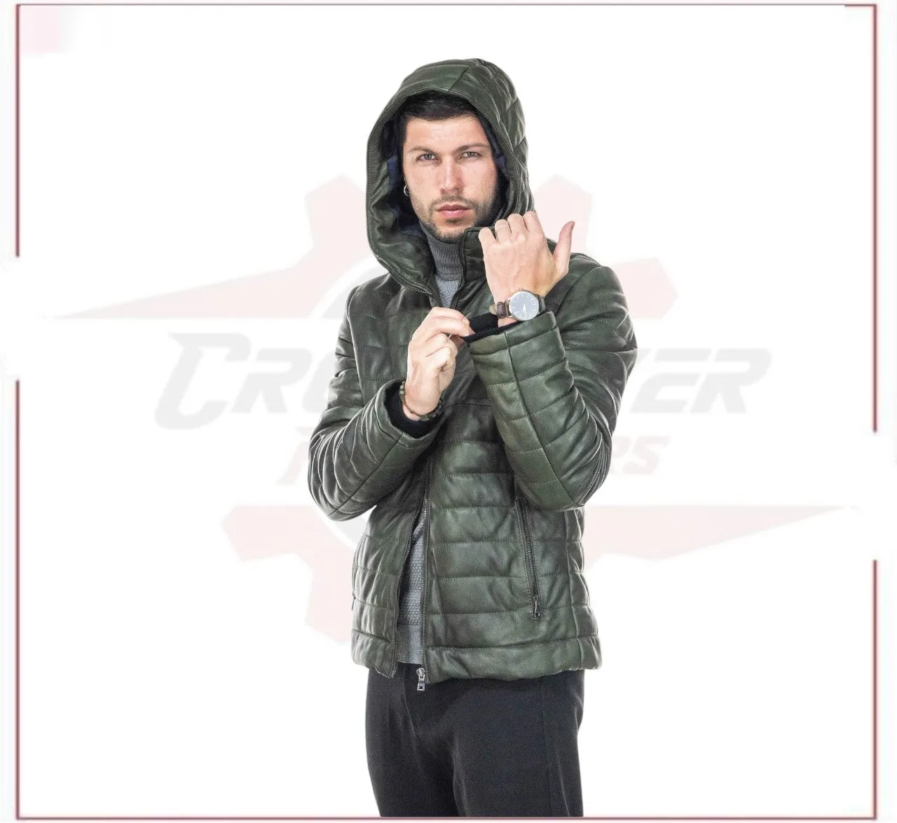 Rio - Men's Down Jacket in Genuine Green Leather