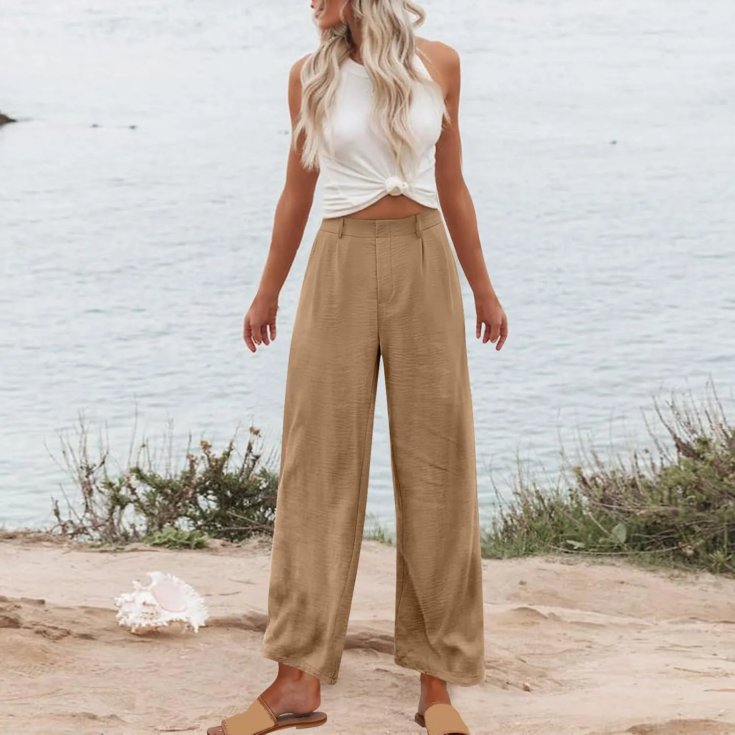 RKSTN Womens Loose Wide Leg Pants High Waist Straight Pants Casual Work Dress Pant Plain Trouser Pants with Pockets