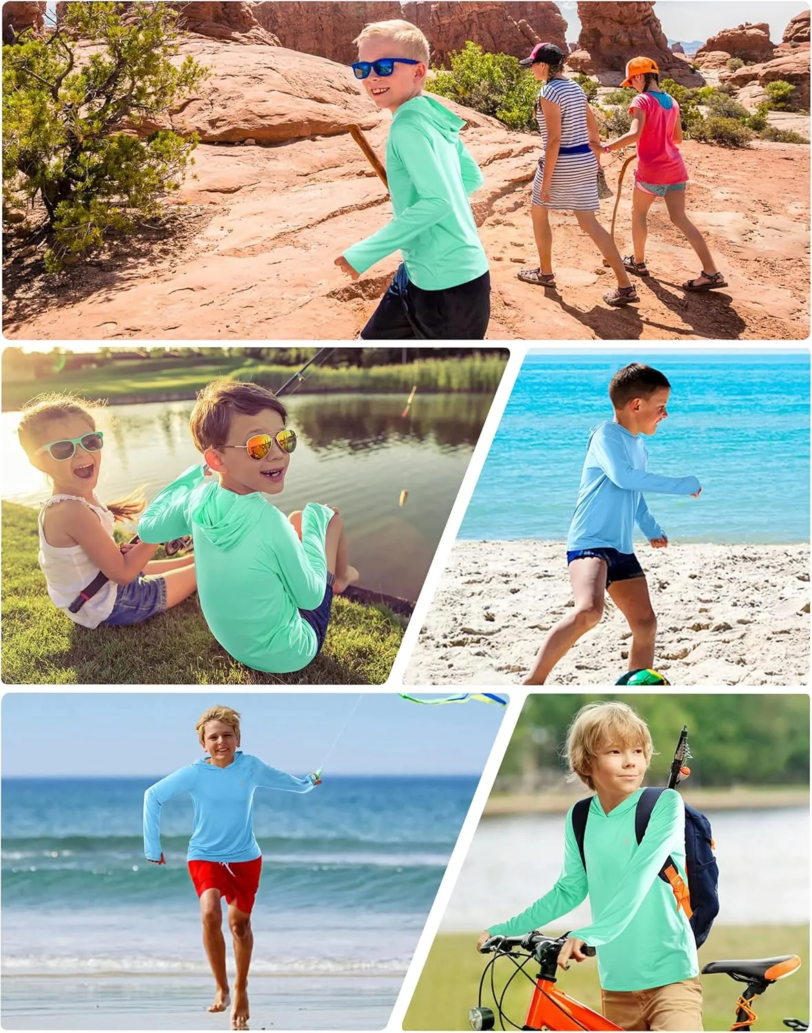 Roadbox Boys Rash Guard Hooded Shirt, Kids UPF 50  Long Sleeve Hoodie, Youth UV Sun Protection Fishing Beach Shirts