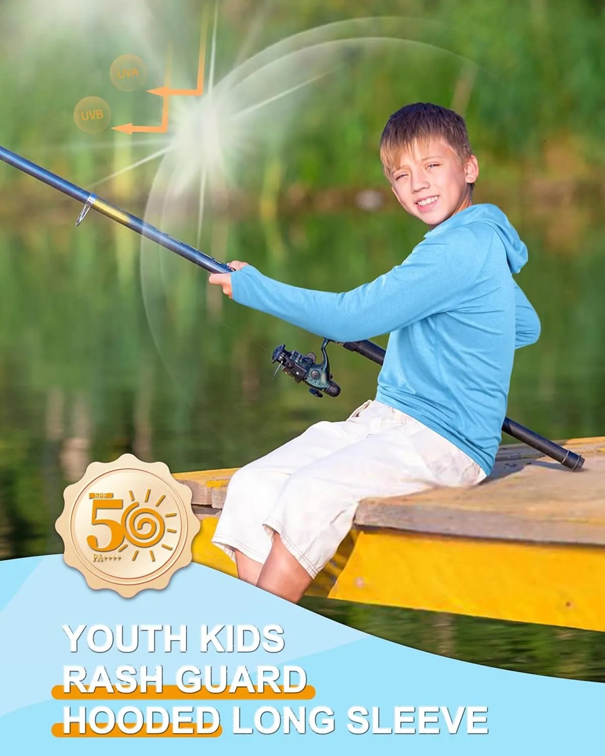 Roadbox Boys Rash Guard Hooded Shirt, Kids UPF 50  Long Sleeve Hoodie, Youth UV Sun Protection Fishing Beach Shirts