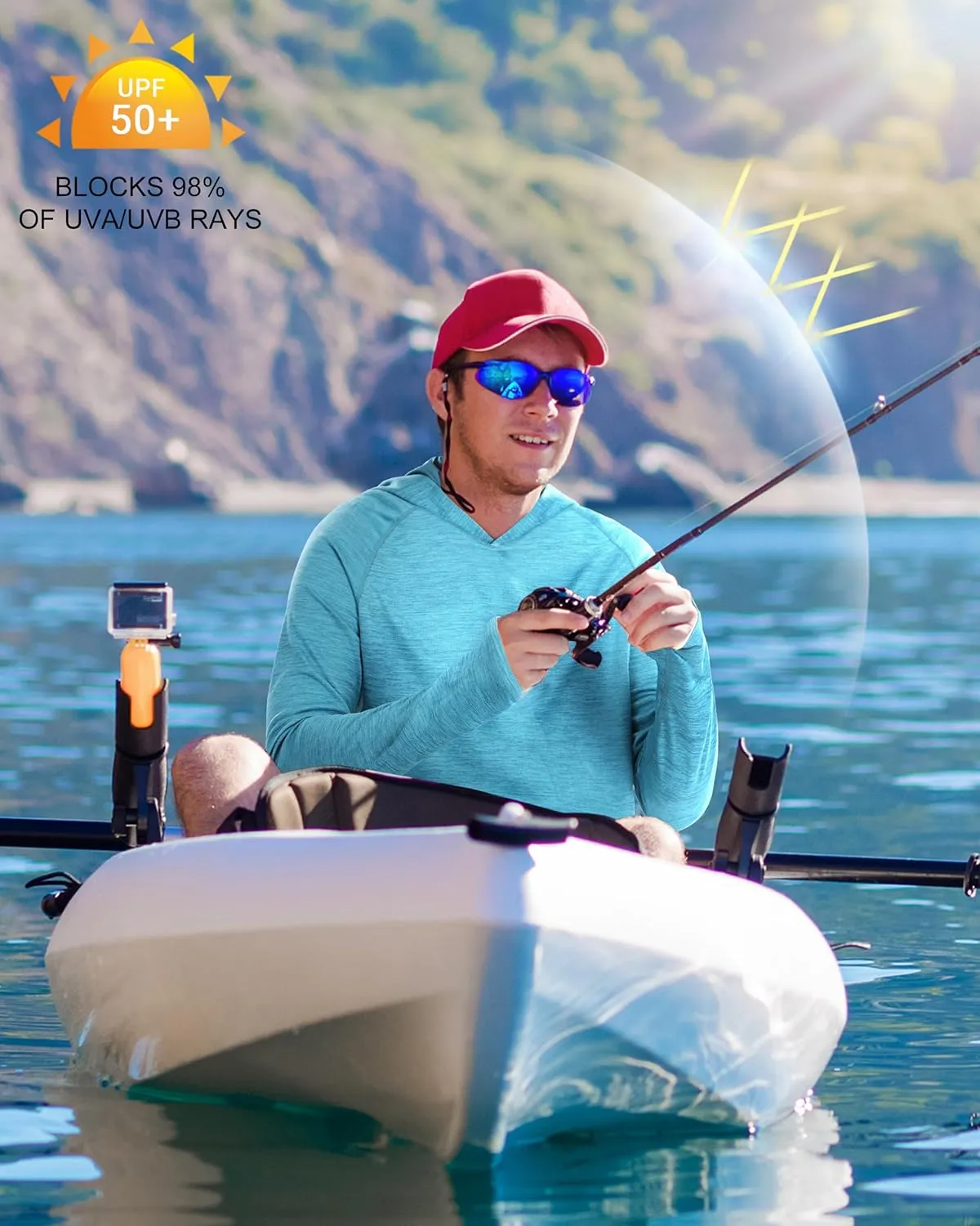 Roadbox UPF 50  Fishing Shirts for Men, Long Sleeve SPF UV Sun Protection Hoodie with Thumb Holes Swim Running Rash Guard