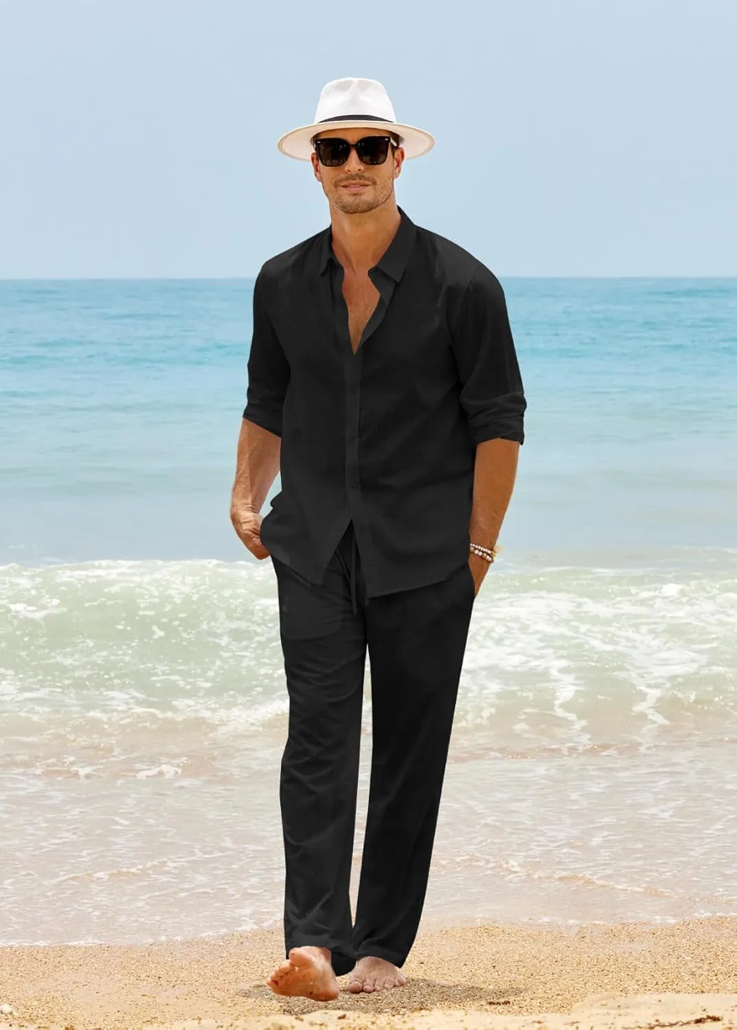 Ryannology Men 2 Piece Linen Set Outfits Drawstring Long Pants Button Down Roll Up Sleeve Shirts Beach Wedding Suit Sets