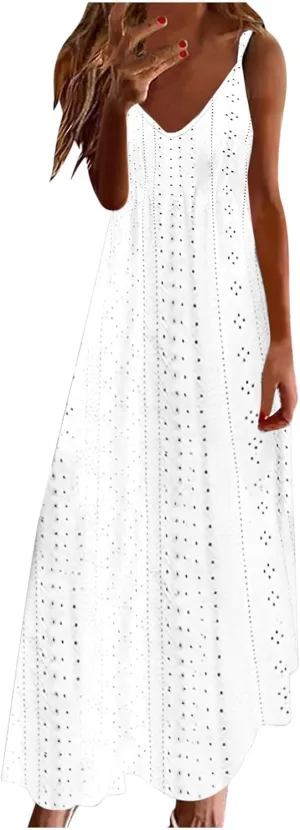 Sales Clearance Today Deals Prime Orders My Placed Recently by Me Maxi Dress for Women Sleeveless Casual V Neck Ruffle Dresses 2024 Lightweight Floral Boho Dress Summer Dress White,XL