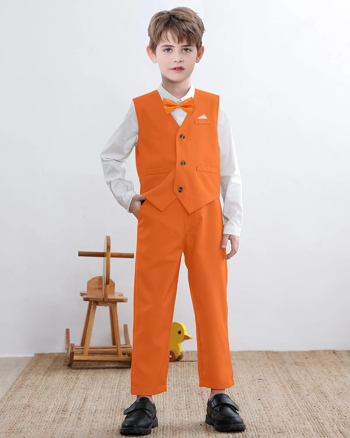 SANGTREE Boys' Formal Suits Sets Gentleman Outfits, Vest   Suspender Pants   Shirt   Bow Tie & Scarf, 3 Months - 14 Years