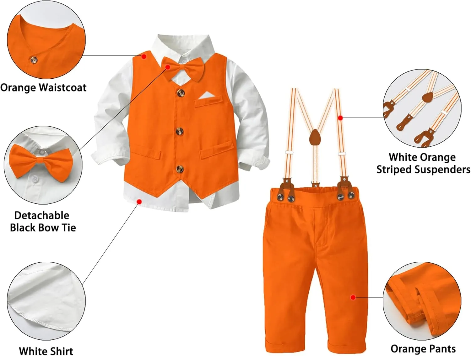 SANGTREE Boys' Formal Suits Sets Gentleman Outfits, Vest   Suspender Pants   Shirt   Bow Tie & Scarf, 3 Months - 14 Years