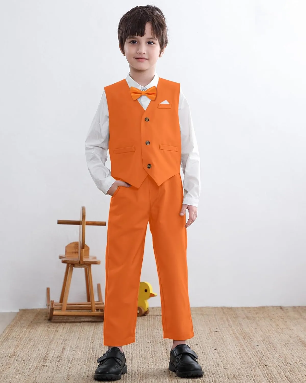 SANGTREE Boys' Formal Suits Sets Gentleman Outfits, Vest   Suspender Pants   Shirt   Bow Tie & Scarf, 3 Months - 14 Years