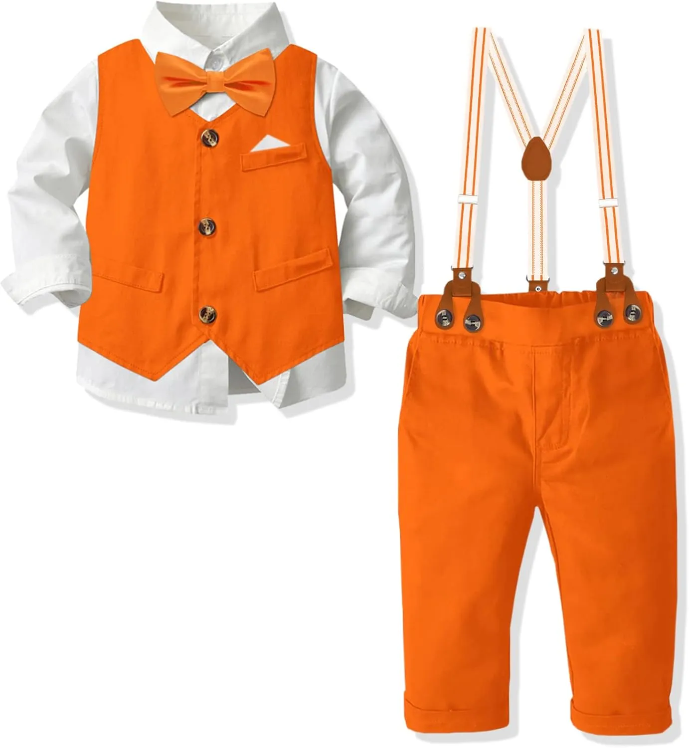 SANGTREE Boys' Formal Suits Sets Gentleman Outfits, Vest   Suspender Pants   Shirt   Bow Tie & Scarf, 3 Months - 14 Years