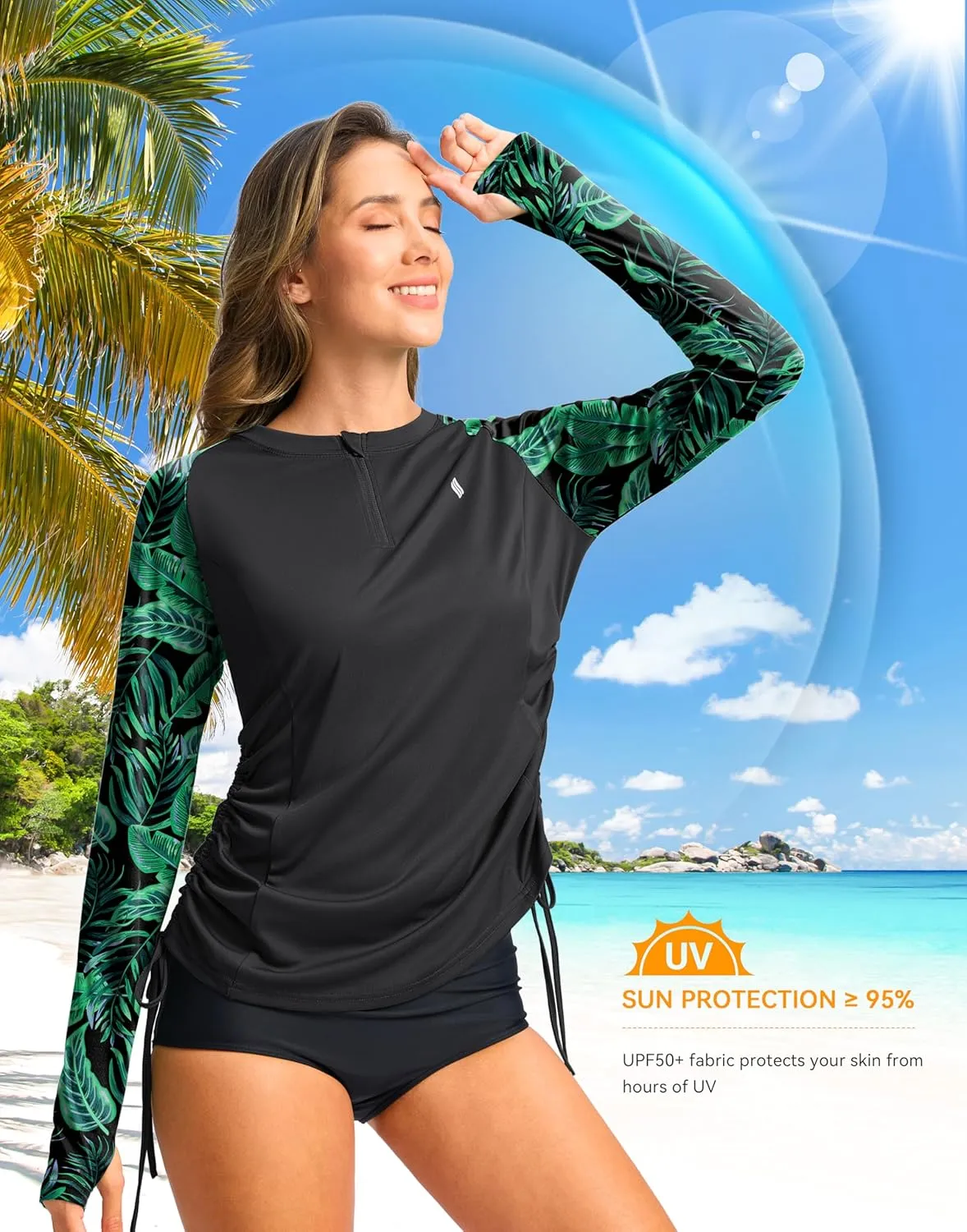 SANTINY Women's Rash Guard UPF50  SPF Long Sleeve Swimsuits Top UV Sun Protection Swim Shirts for Woman with Zip