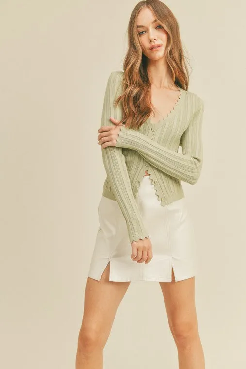 Scallop Trim Button Front Cardigan (Pistachio)