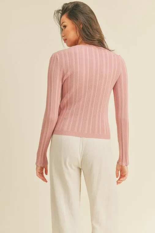 Scallop Trim Button Front Cardigan (Rose)