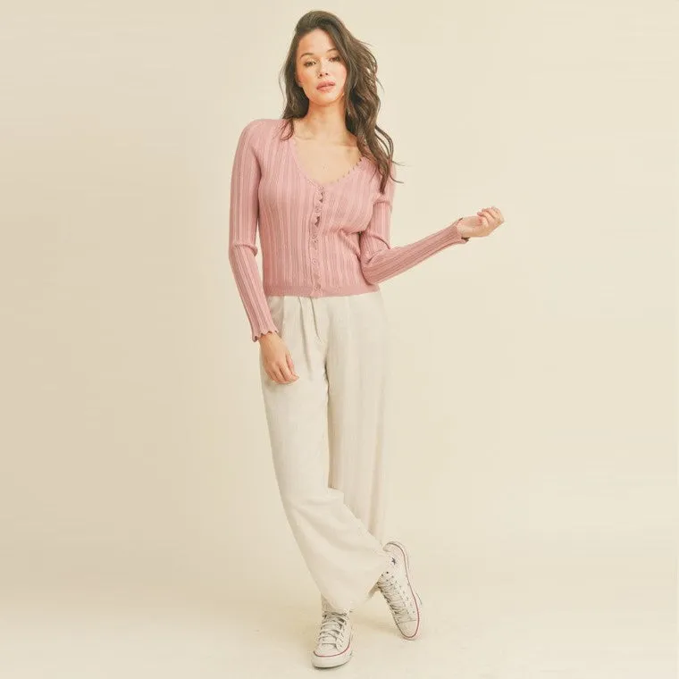Scallop Trim Button Front Cardigan (Rose)